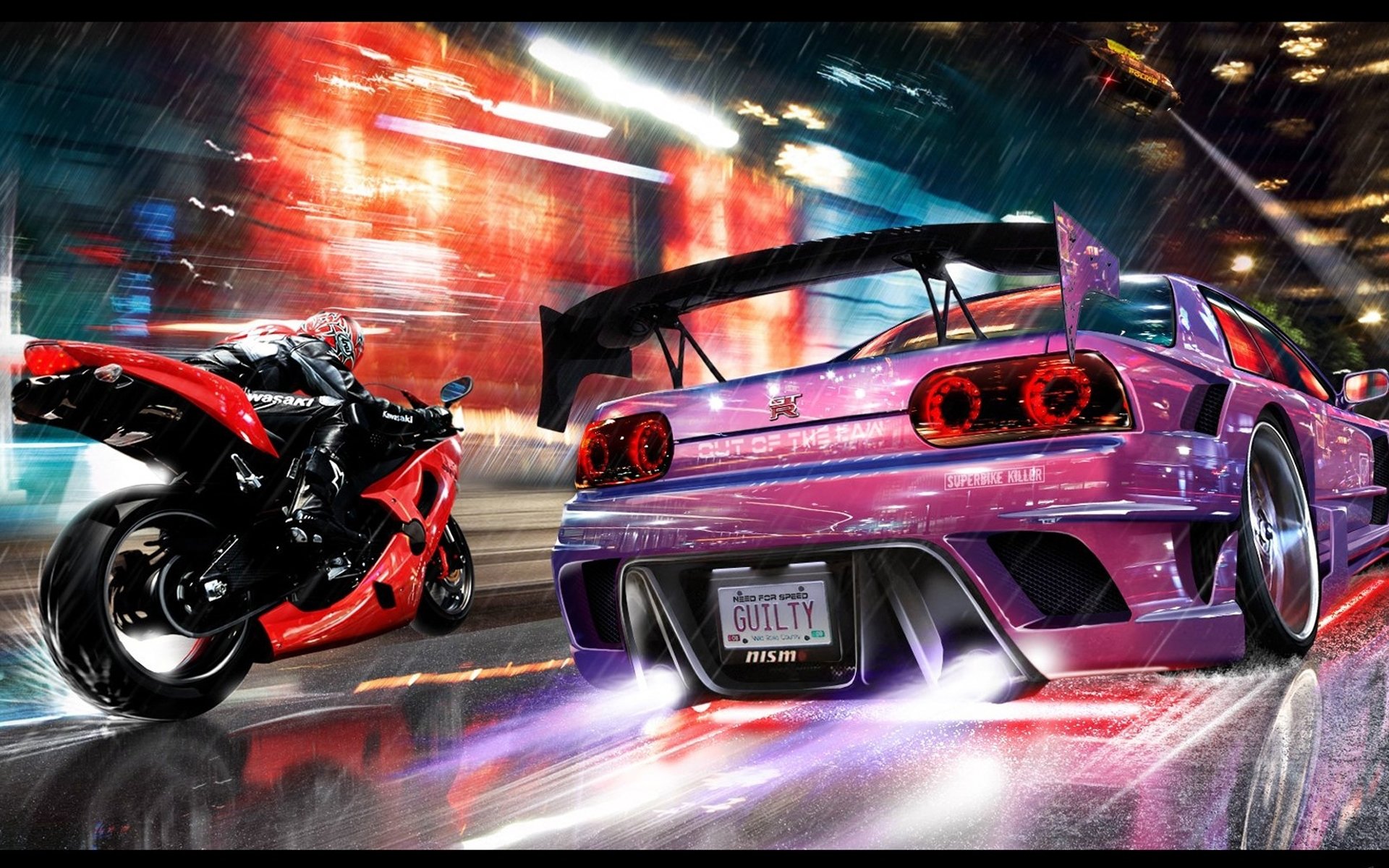 bisogno di velocità nfs nissan skyline moto notte velocità luci neon pioggia