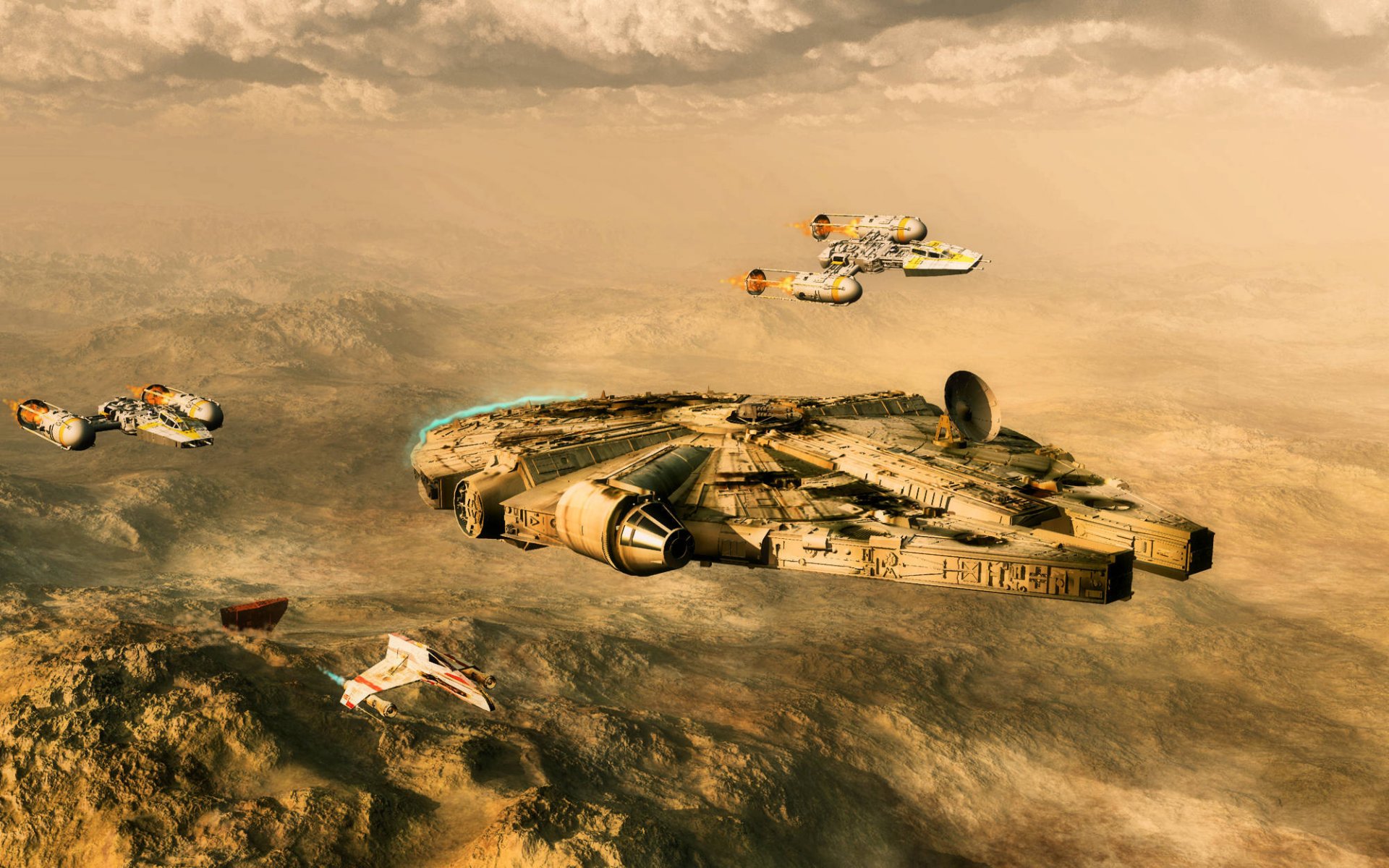 guerre stellari millennium falcon astronave deserto pianeta combattenti