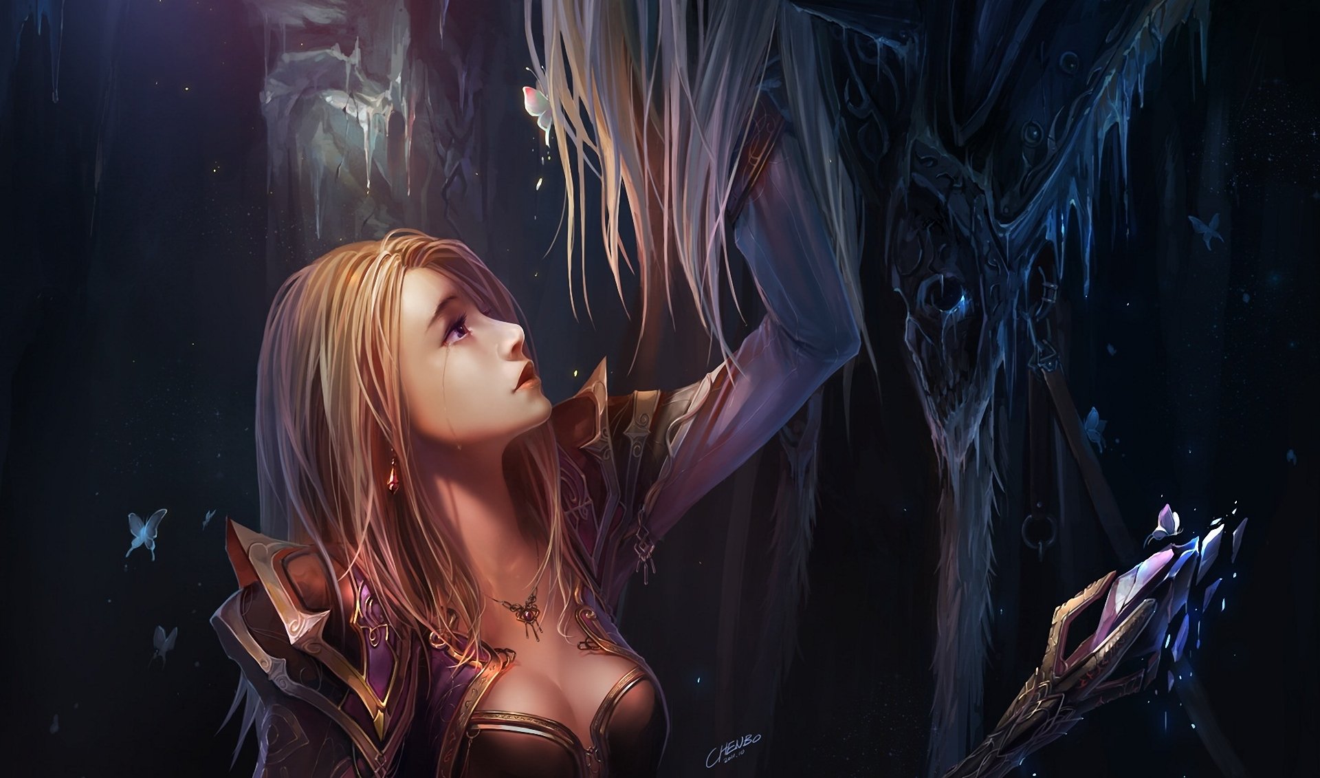 arte chenbo mundo de warcraft chica lágrimas personal cristal roto mariposas artes lich jaina