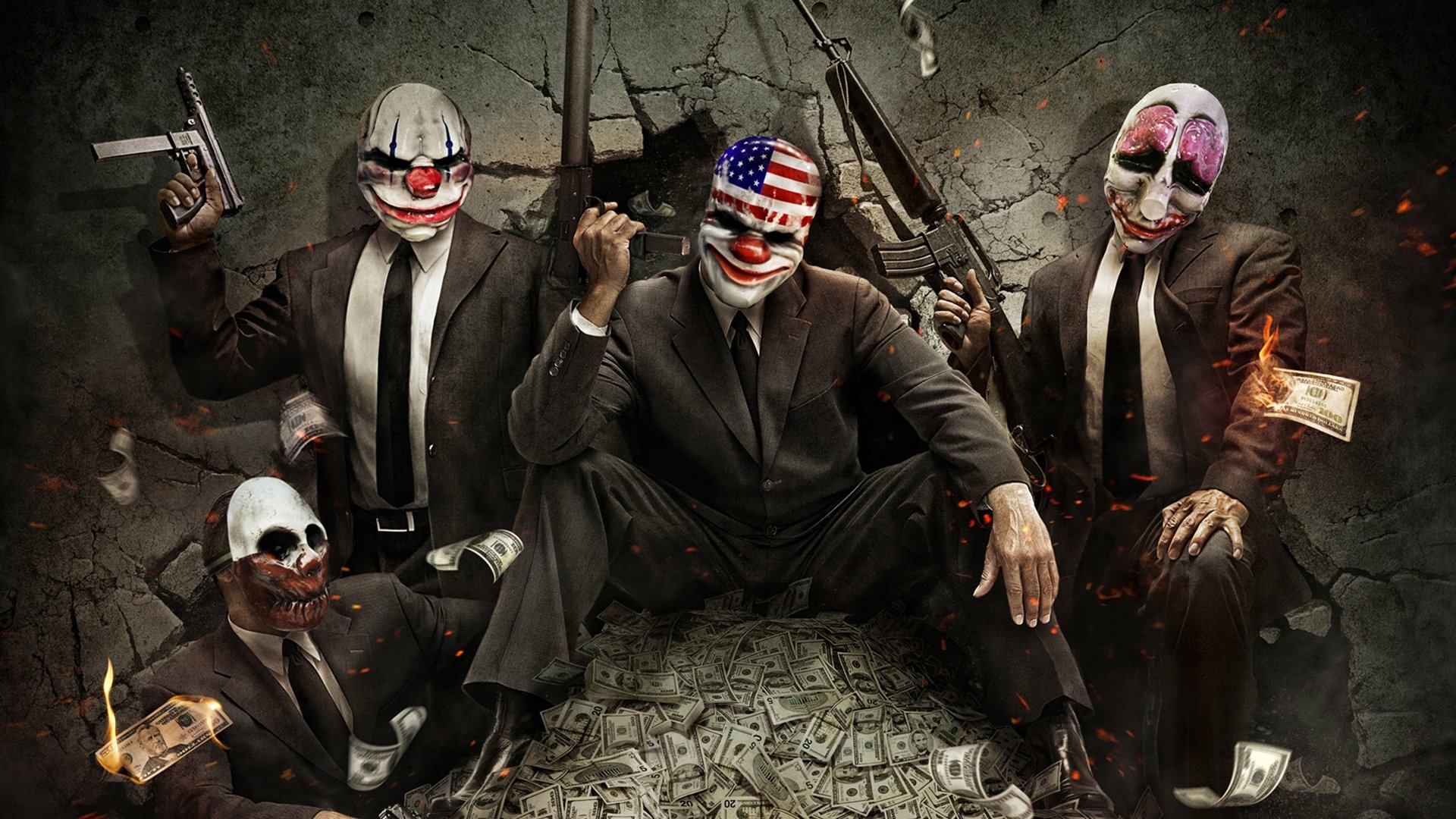 payday the heist клоуны грабители деньги доллары маски автоматы