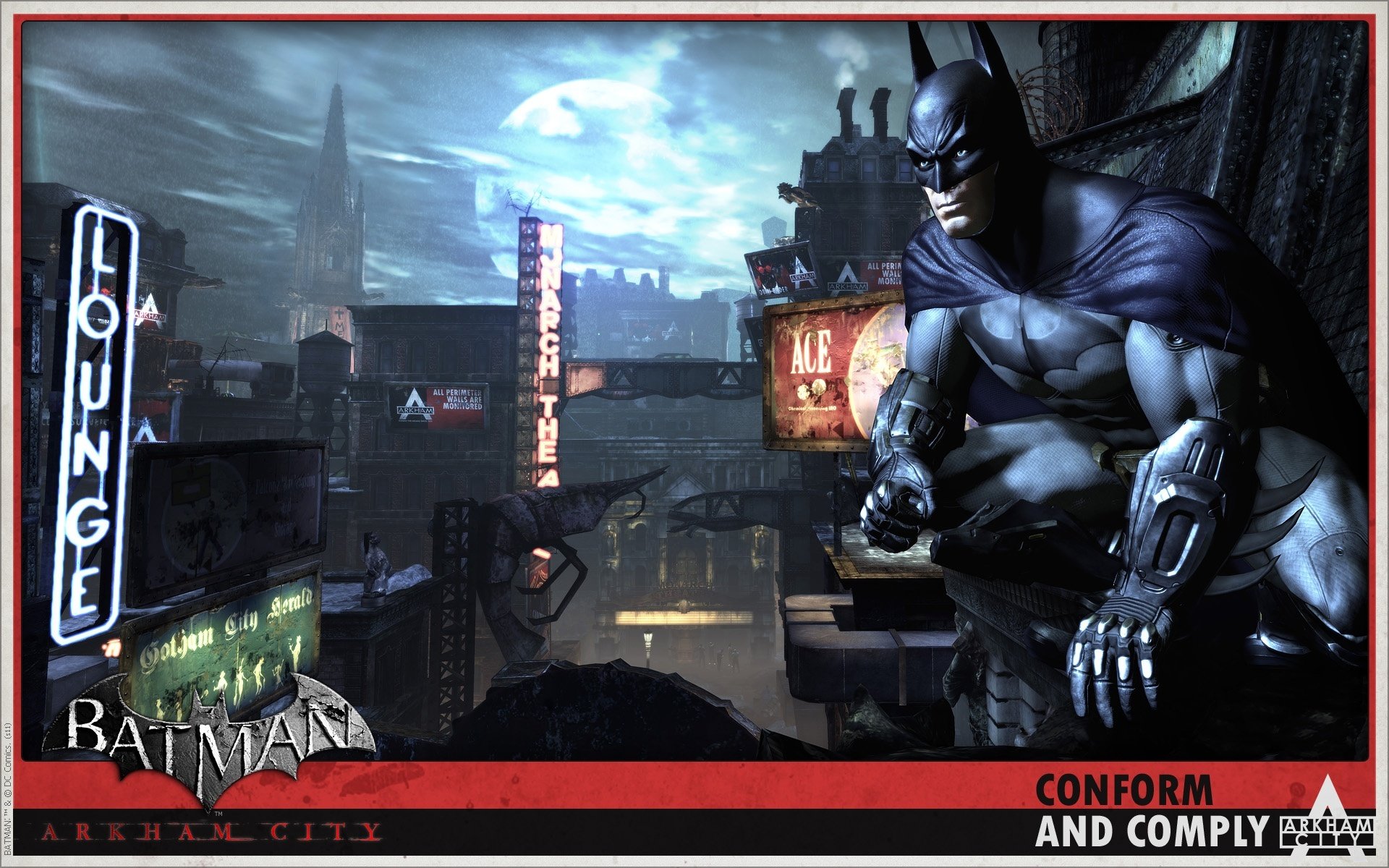 batman arkham city miasto szyldy noc księżyc