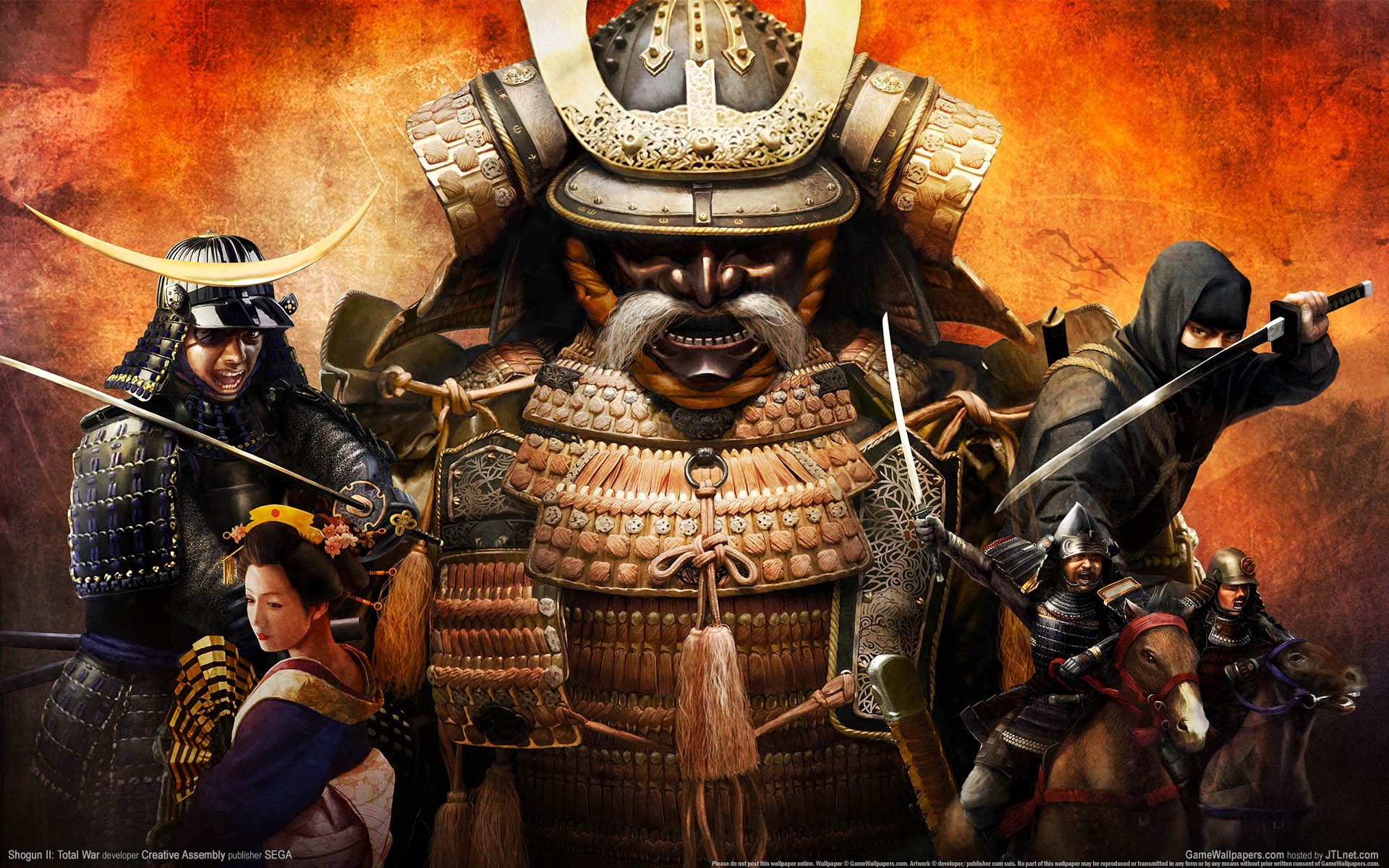 hogun total war wide wall wallpaper japan sword katana yellow background horseman samurai warriors horn in the mask girl ninja