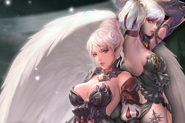 Deux belles filles de dessin animé en armure avec des ailes