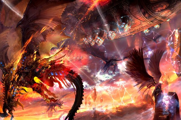 Battle in hell of flying dragons against a background of fiery lightning