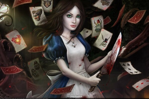 Mad Alice in Wonderland with a knife and cards