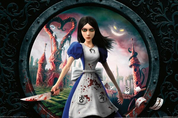 Alice through the Looking Glass with a bloody knife in her hands