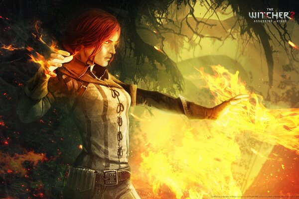 La heroína triss con un fuego que sale de su mano