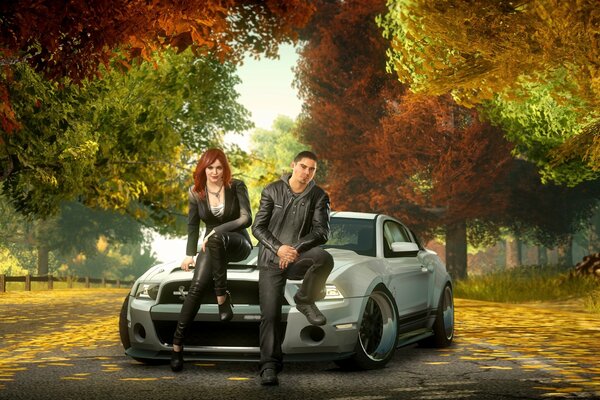 Coppia su Ford Mustang, look autunnale