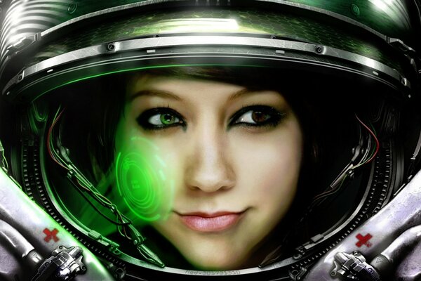 Astronaut girl in a spacesuit in space