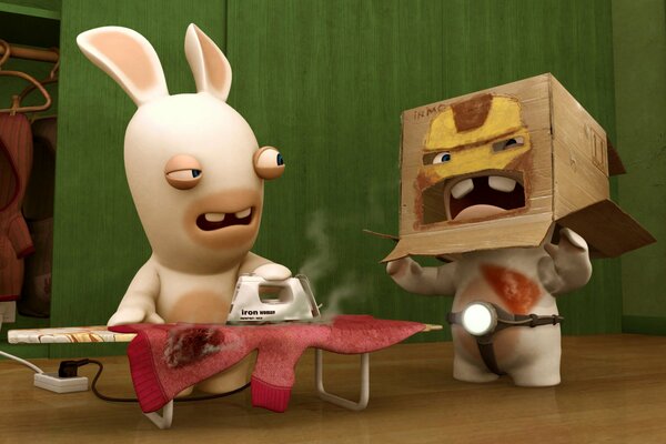 Conejos rabbids con hierro y en Caja de cartón