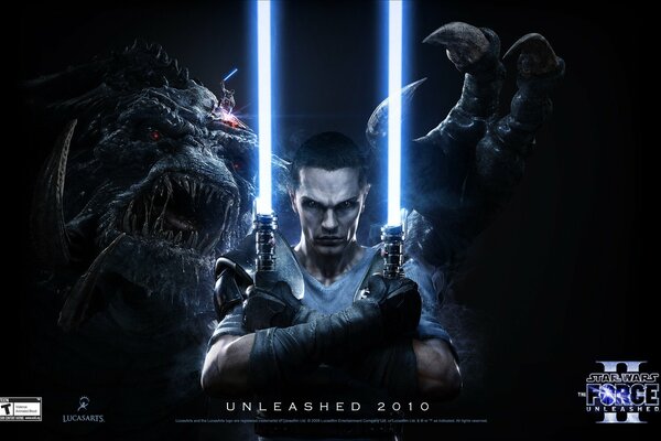 A Jedi in the background of a monster holds two lightsabers