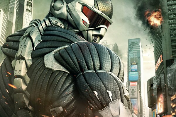 Crysis 2 robot sur fond de ville en feu