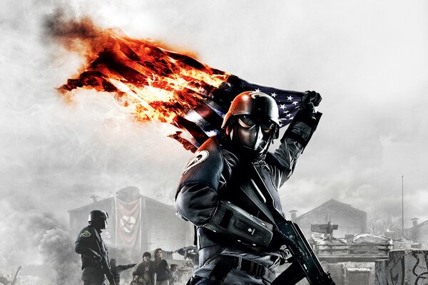 Fondo de Pantalla Homefront Fighter quema la bandera de América