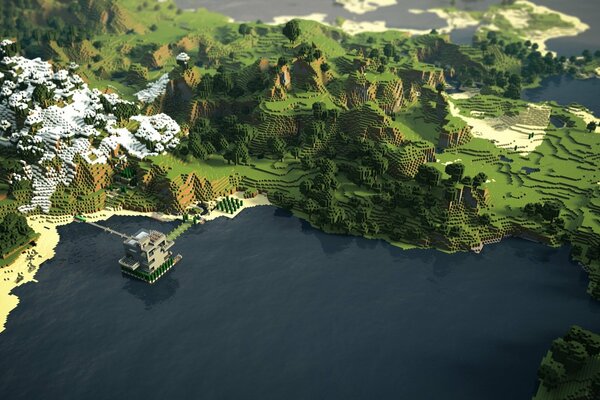 Isla verde de minecraft con montañas cubiertas de nieve