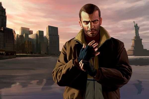 Nico indossa un guanto sullo sfondo della città di gta 4