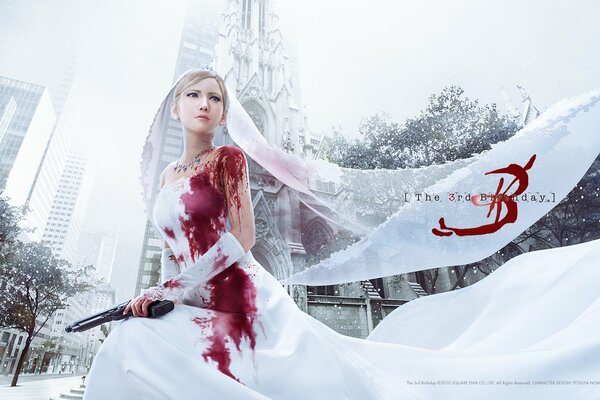 A bride in a wedding dress covered in blood with a gun