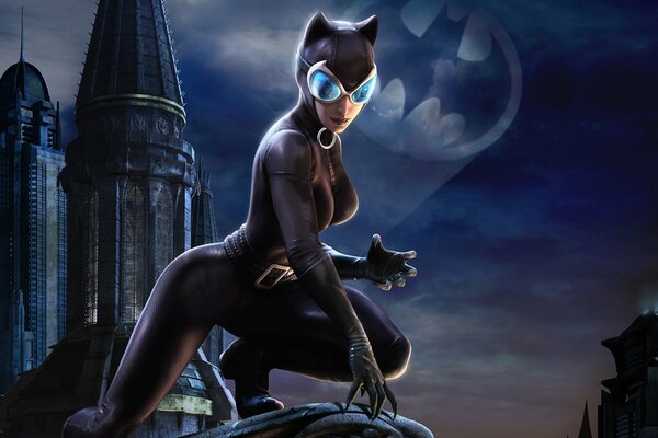 Catwoman auf dem Hintergrund von Gotham City mit Batman-Emblem