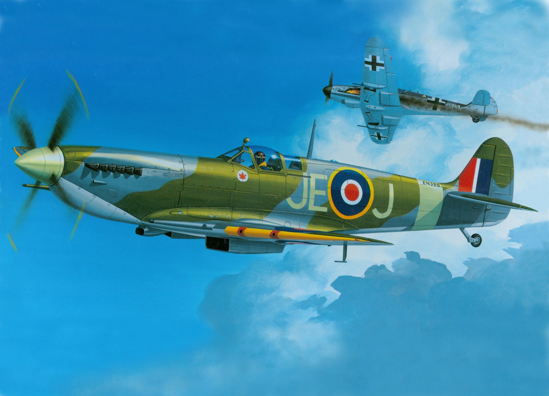 aereo guerra combattimento corpo a corpo arte ww2 combattente britannico spitfire bf 109