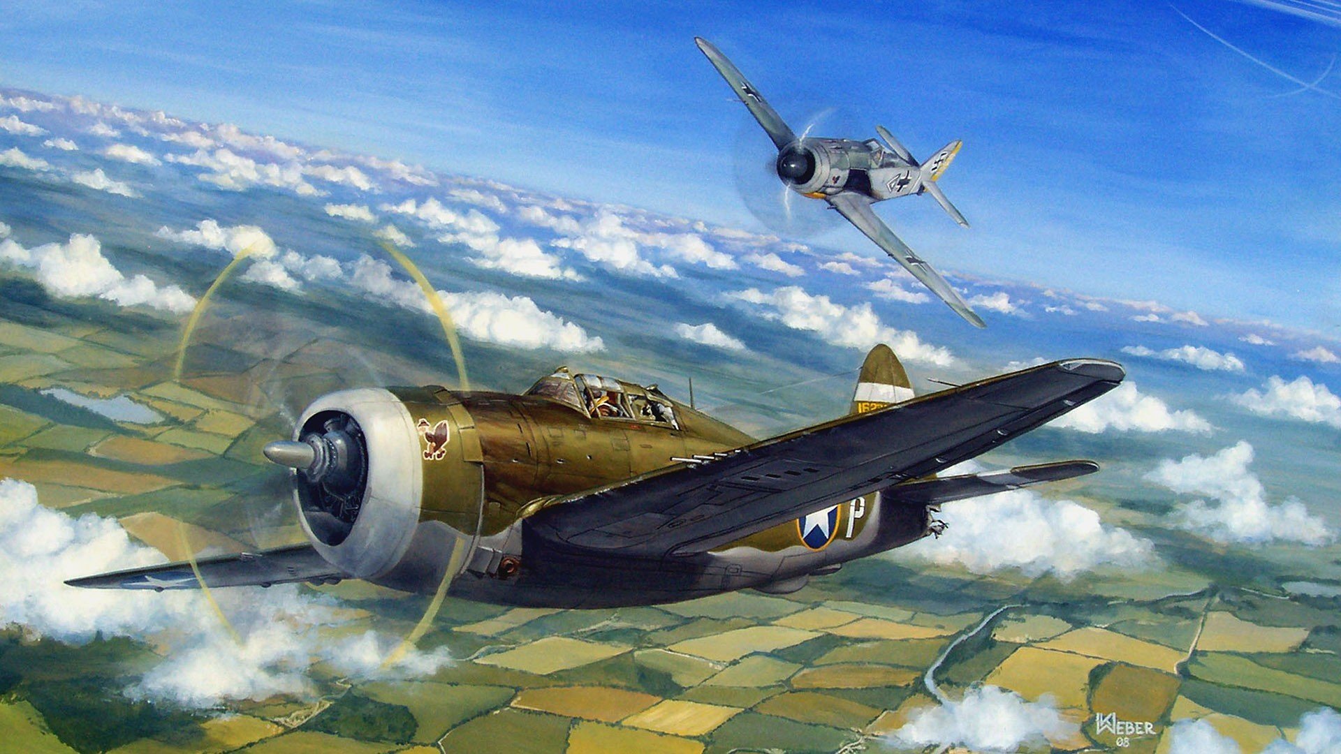 p 47 thunderbolt aerial combat hand-to-hand combat ww2 war painting art airplane