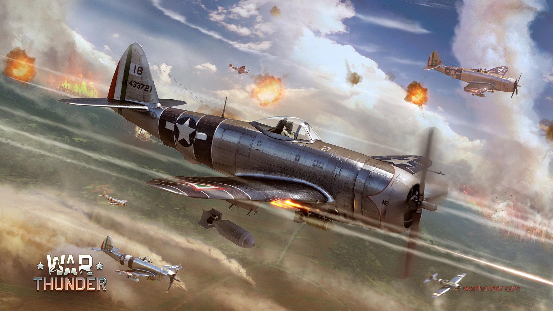 kunst krieg himmel republik p-47 thunderbolt amerikanisch kolben einmotorig kämpfer bomber feuer war thunder