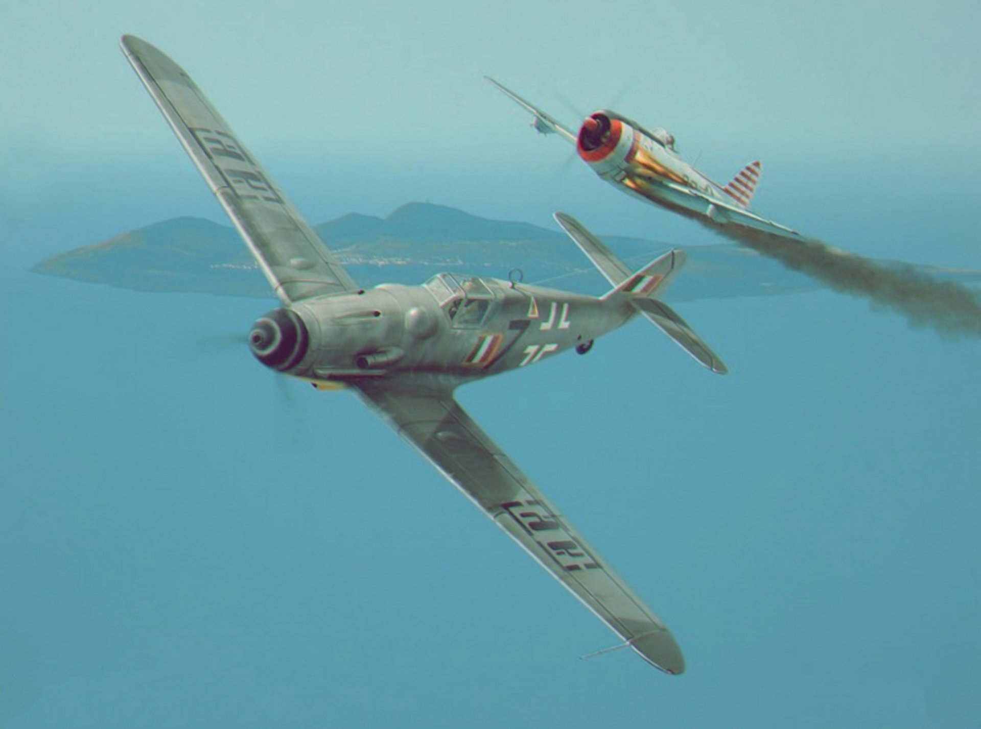 p 47 thunderbolt walka powietrzna walka wręcz ww2 wojna malarstwo sztuka samolot bf 109 niemiecki samolot