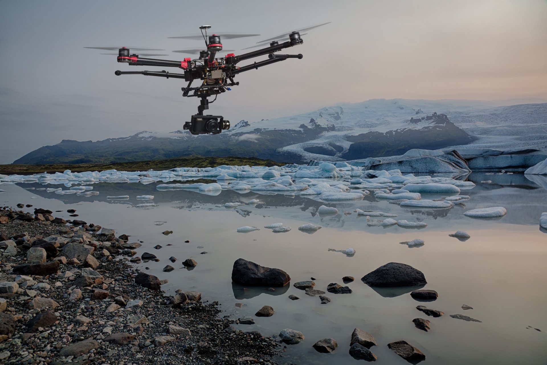 hélicoptère six de levage hélices drone avion uav drone ciel tir observation réel temps vue exploration archéologie vol photographie aérienne collines lac glace étude environnement environnement fond d écran