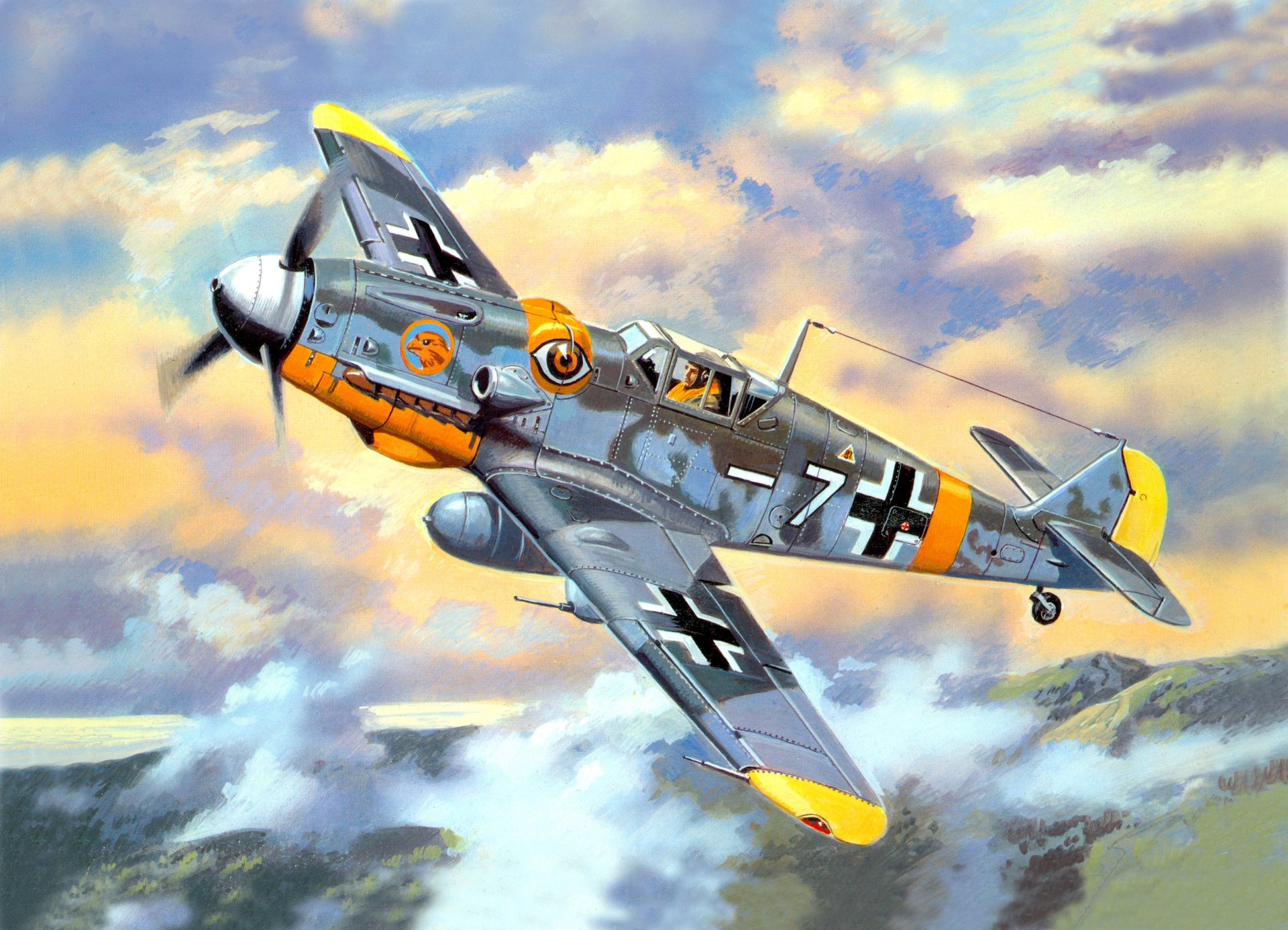 arte bf-109g-6 tedesco fighter cielo nuvole ww2 figura