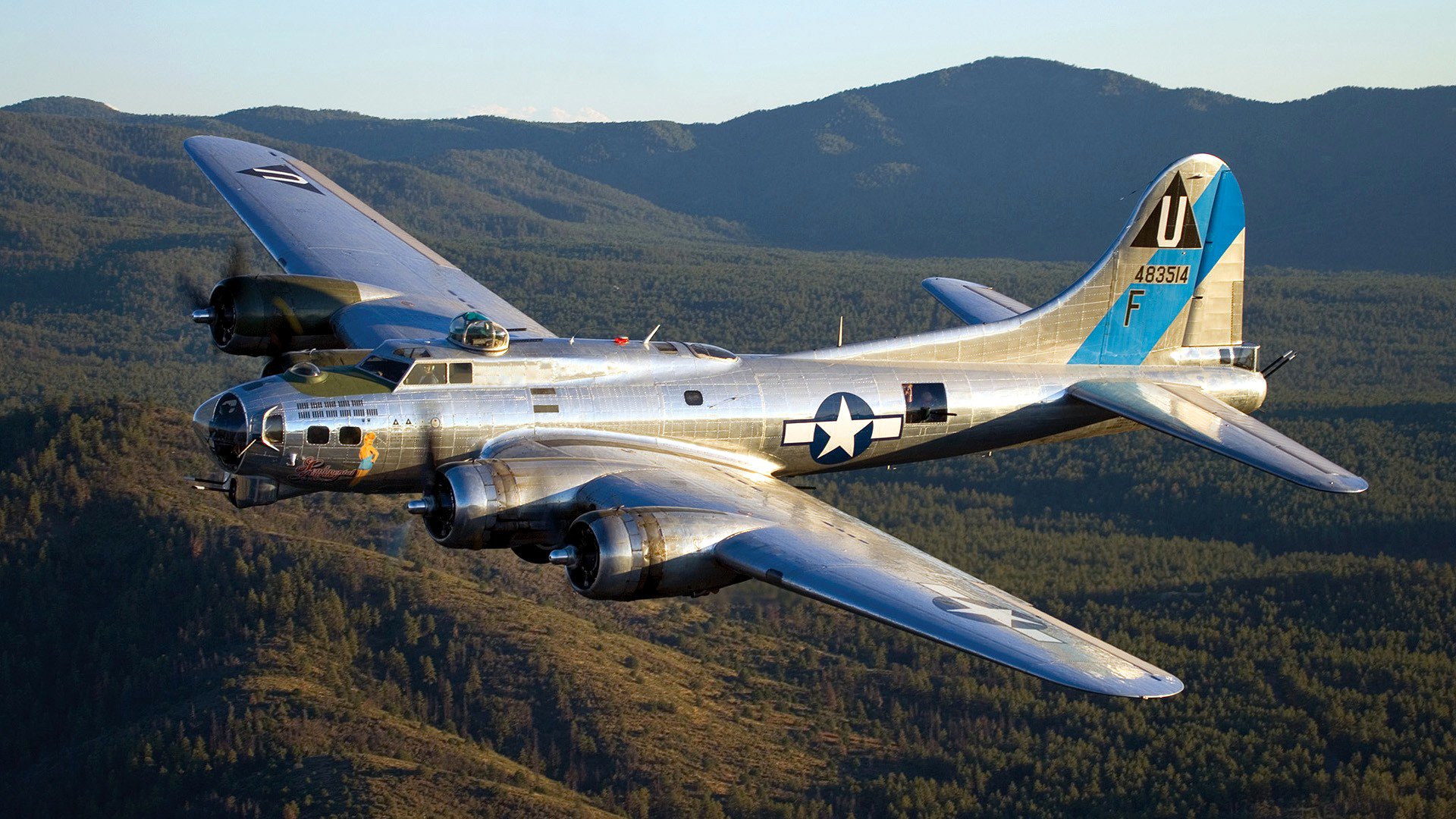 b-17 flying fortress bomber sky mountain retro