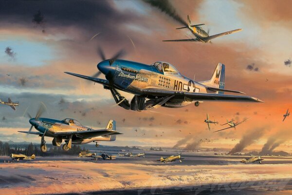 Beaucoup d avions Mustangs sur fond de coucher de soleil