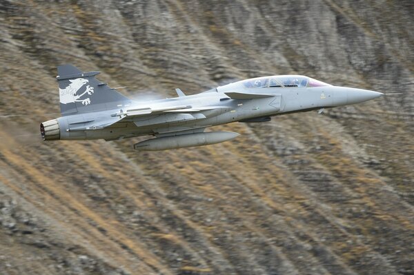 Fighter bomber flying in the sky