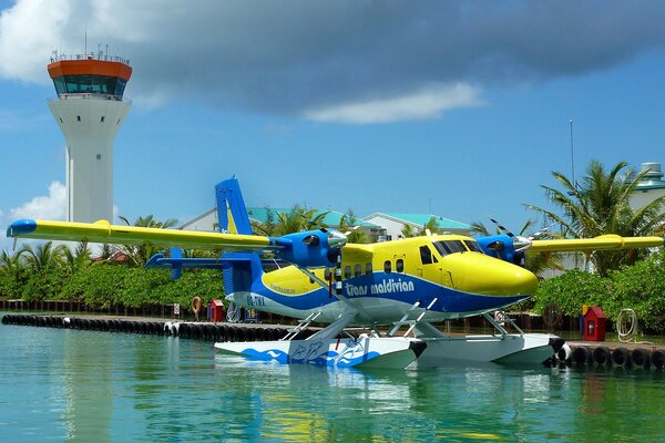 Schönes Flugzeug in gelben und blauen Farben