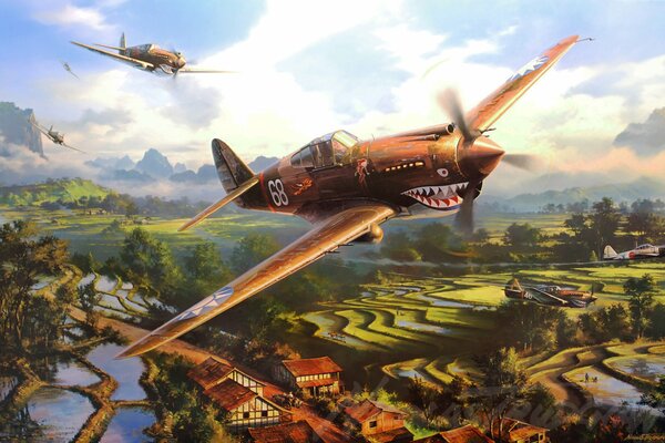 The picture of the flight of German tigers over the village