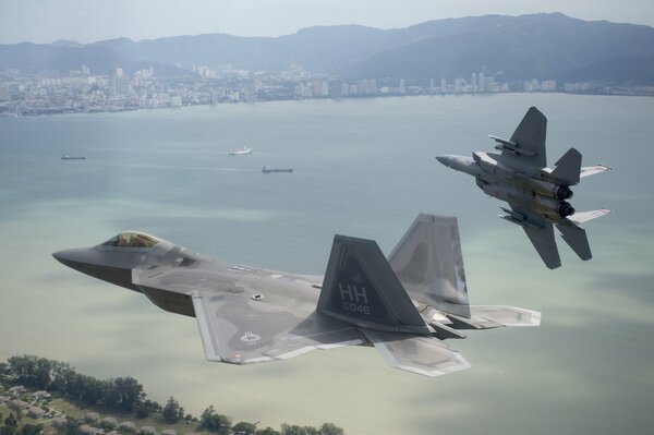 F15 fighters over the bare steppe