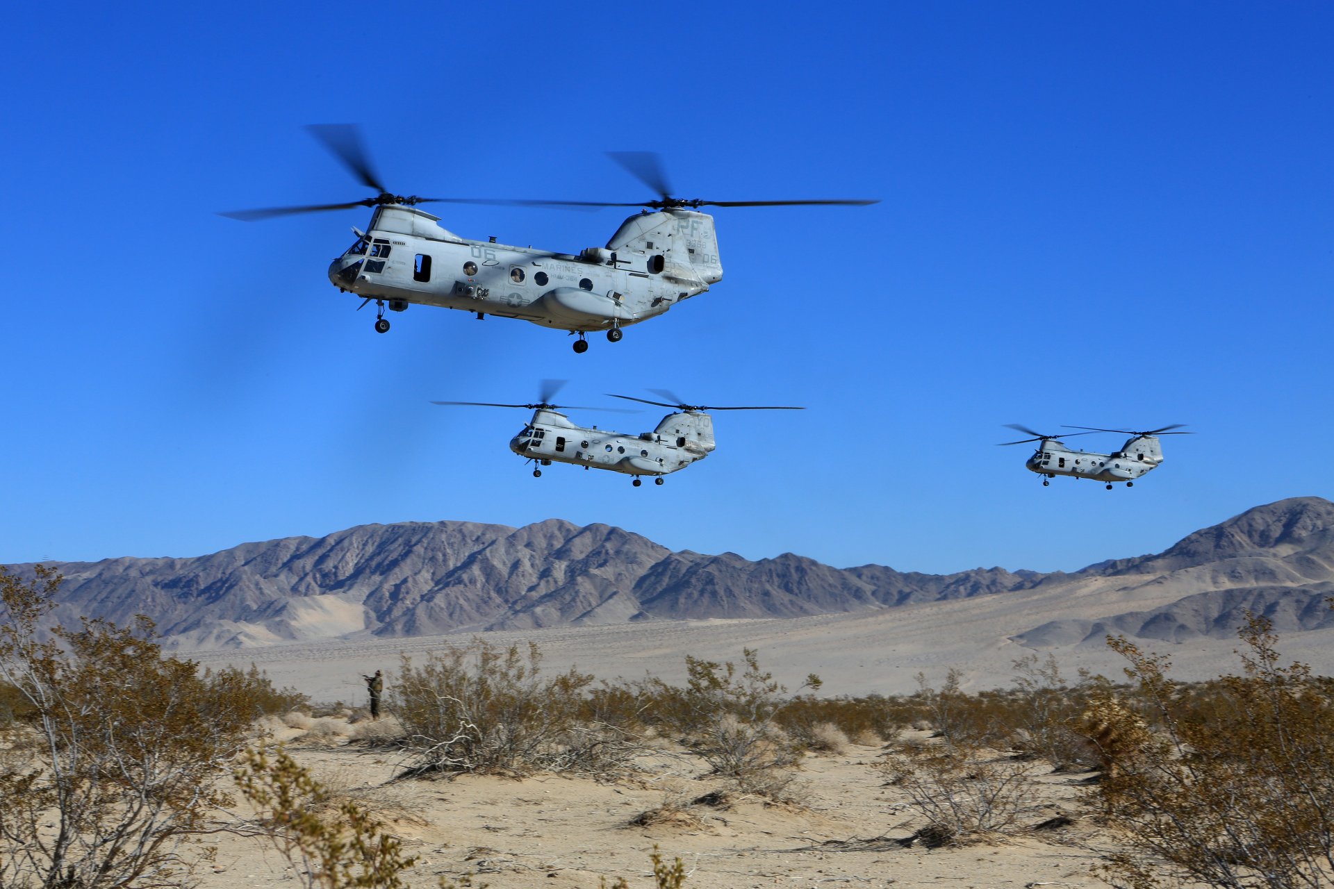 ciel américain hélicoptères de transport militaire boeing vertol ch - 46 sea knight boeing vertol ch - 46 sea knight montagnes sable arbuste