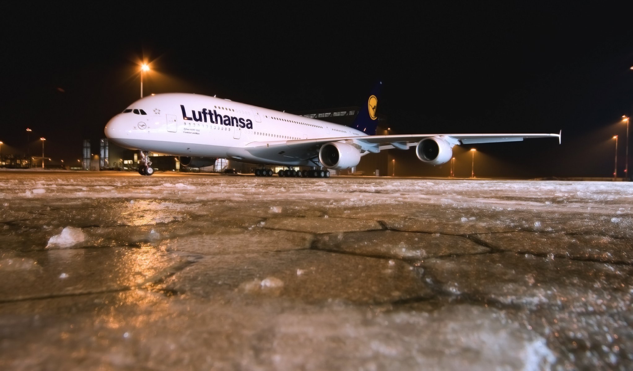 lufthansa airbus a380 night airliner plane winter next airport