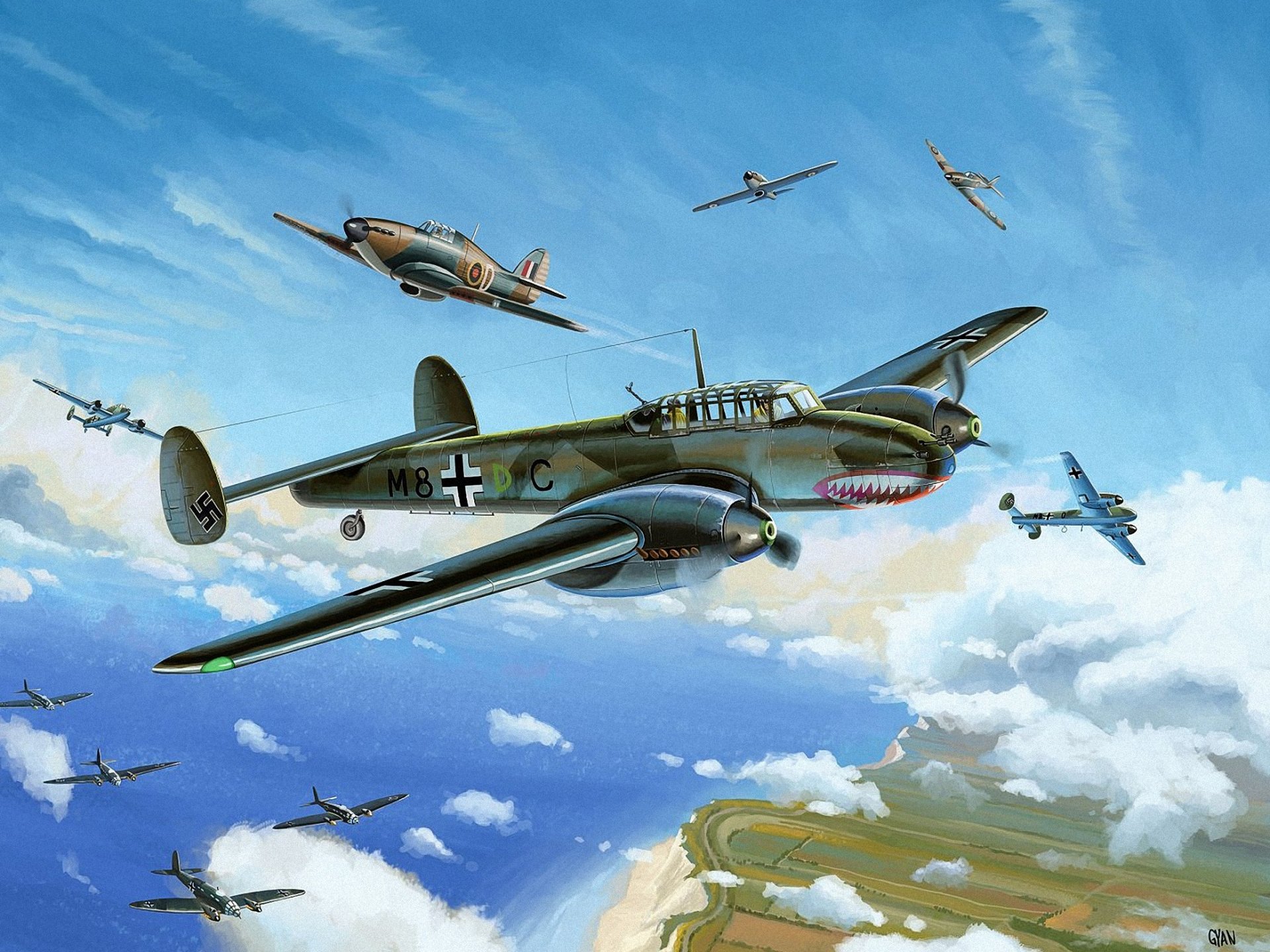 battle of britain ww2 art war painting hand-to-hand combat hurricane bf 110 he 111 dover