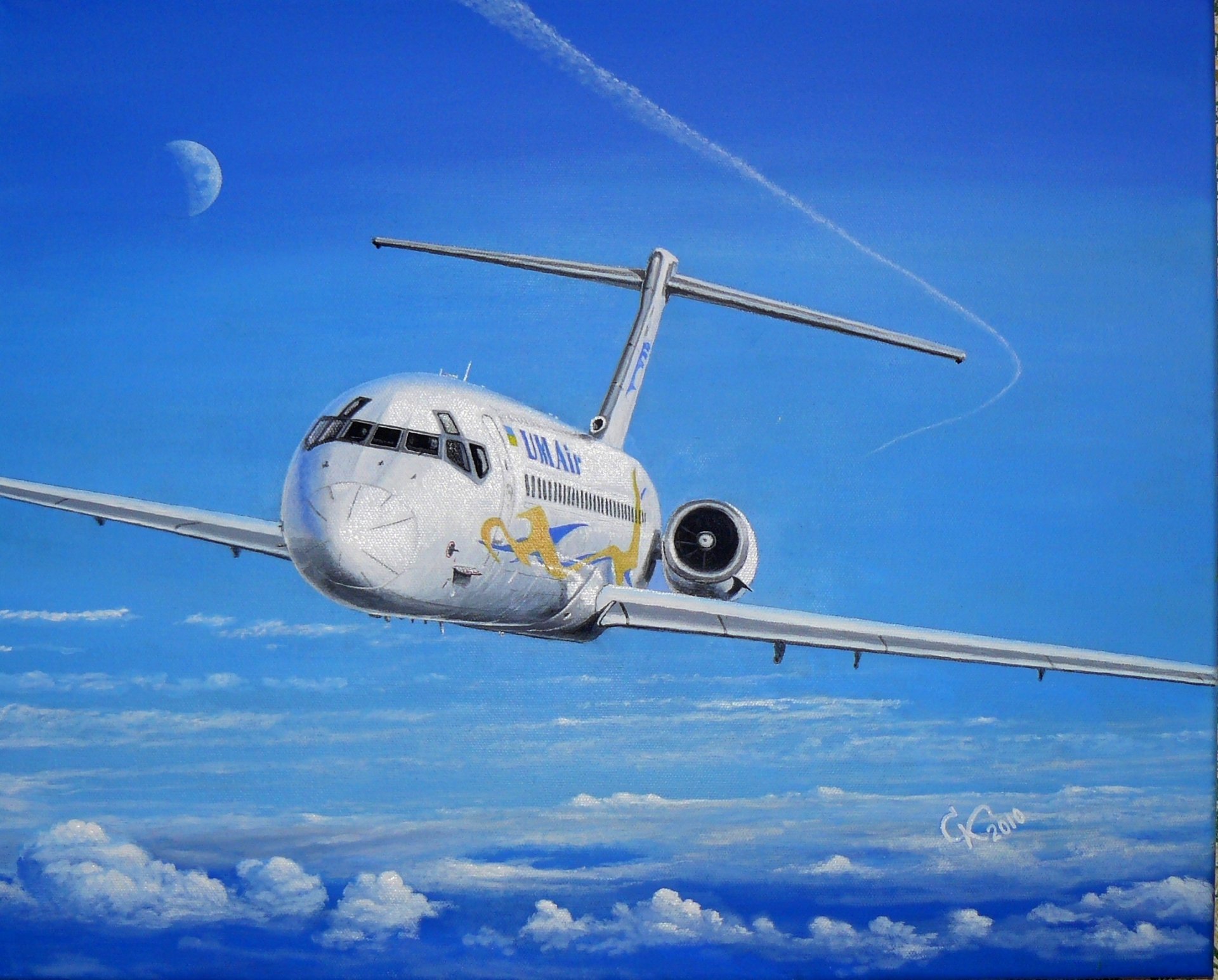 cielo nubes avión pintura óleo sobre lienzo sergei konovalov