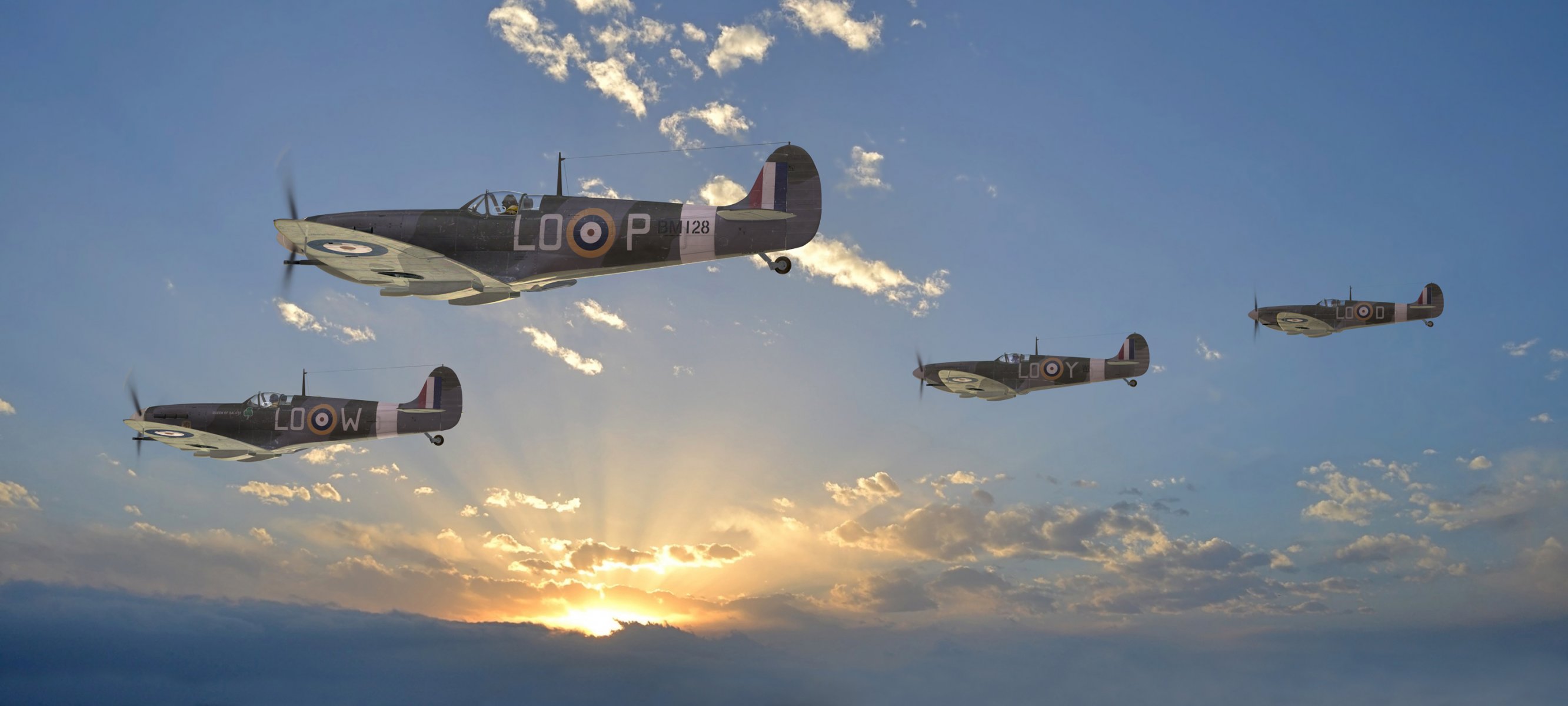 ciel supermarine spitfire britannique avions de chasse nuages soleil rayons ww2 dessin