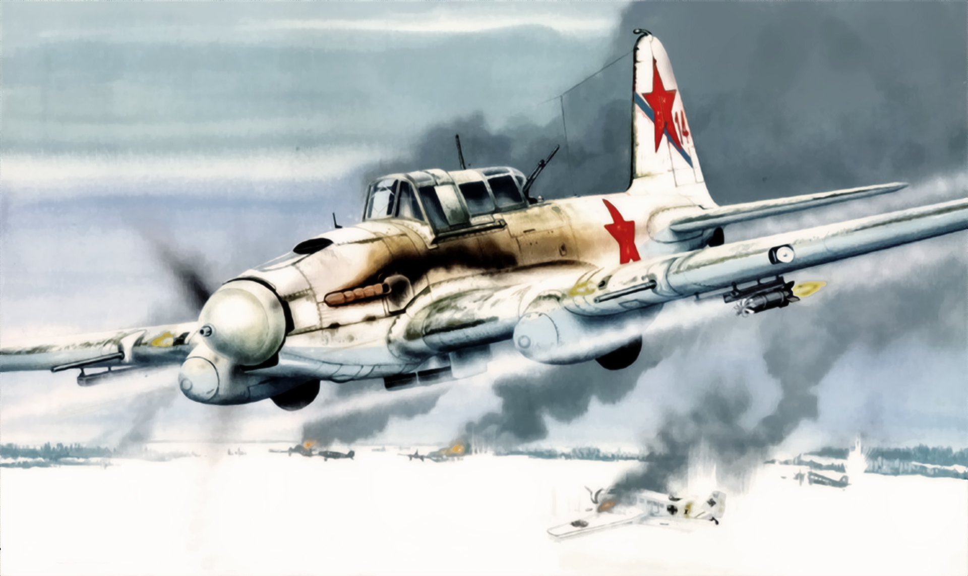 il-2 attack aircraft il-2 russian fighter-bomber airplane ww2 war art painting il 2 m