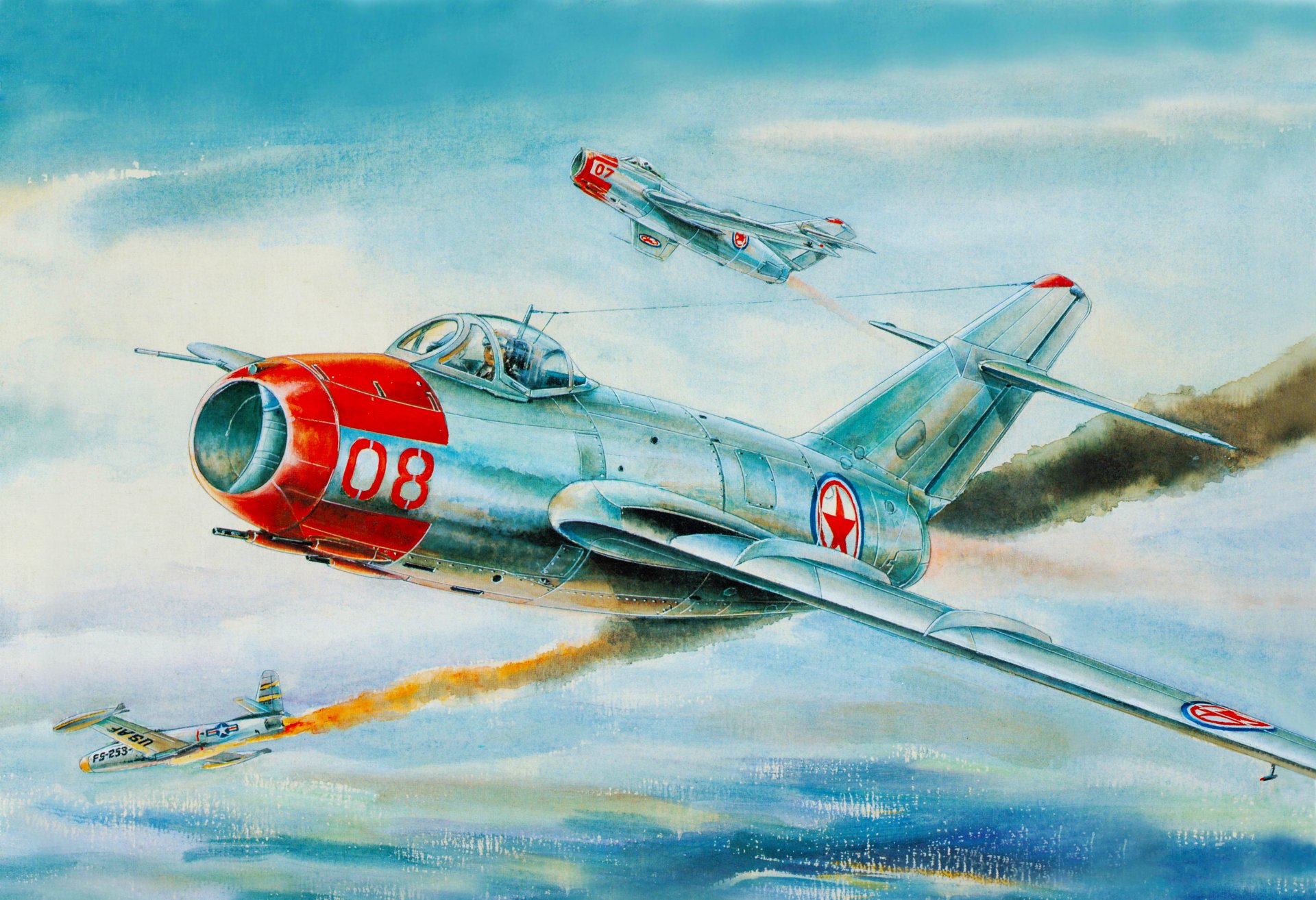 mig-15 fagot f-86 myśliwiec mikojan gurewicz niebo korea sztuka rysunek nos lot zestrzelony wojna