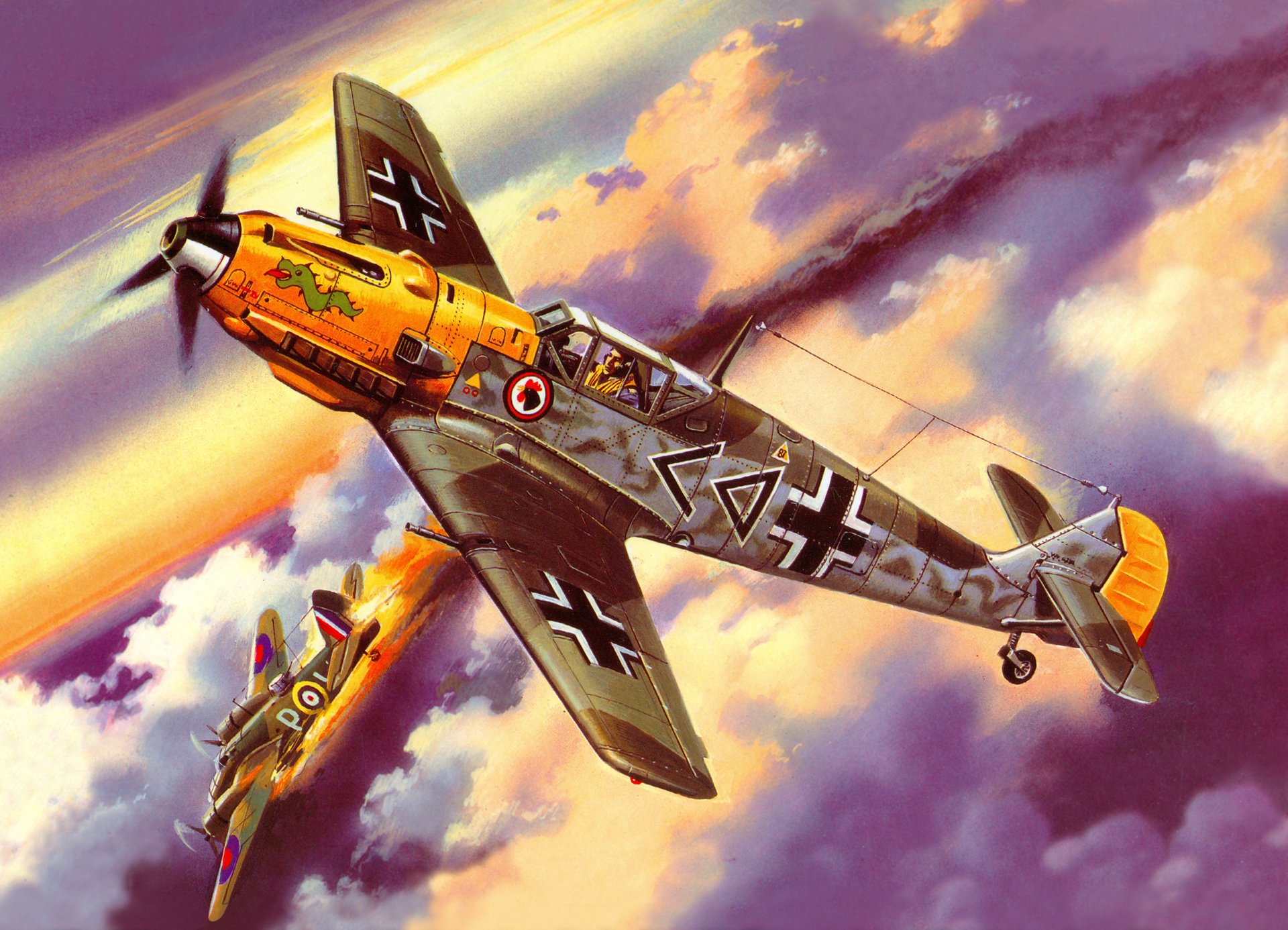 art combat aérien bf-109e-4 allemand combattant abattu bombardier anglais bristol blenheim ciel nuages ww2 dessin