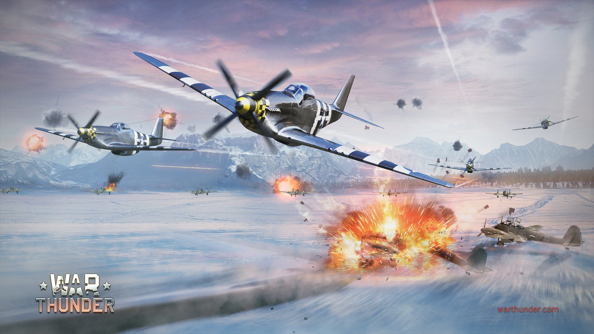 kunst krieg himmel nordamerika p-51 mustang amerikanisch kolben einmotorig kämpfer messerschmitt me.410 hornisse hornisse deutsch zweimotorig feuer explosion flamme rauch schnee flugplatz ardennen berge war thunder