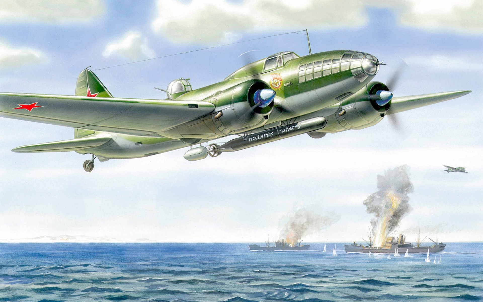 il-4 bob bombardero de largo alcance ilyushin aviación vuelo mar barcos arte dibujo urss