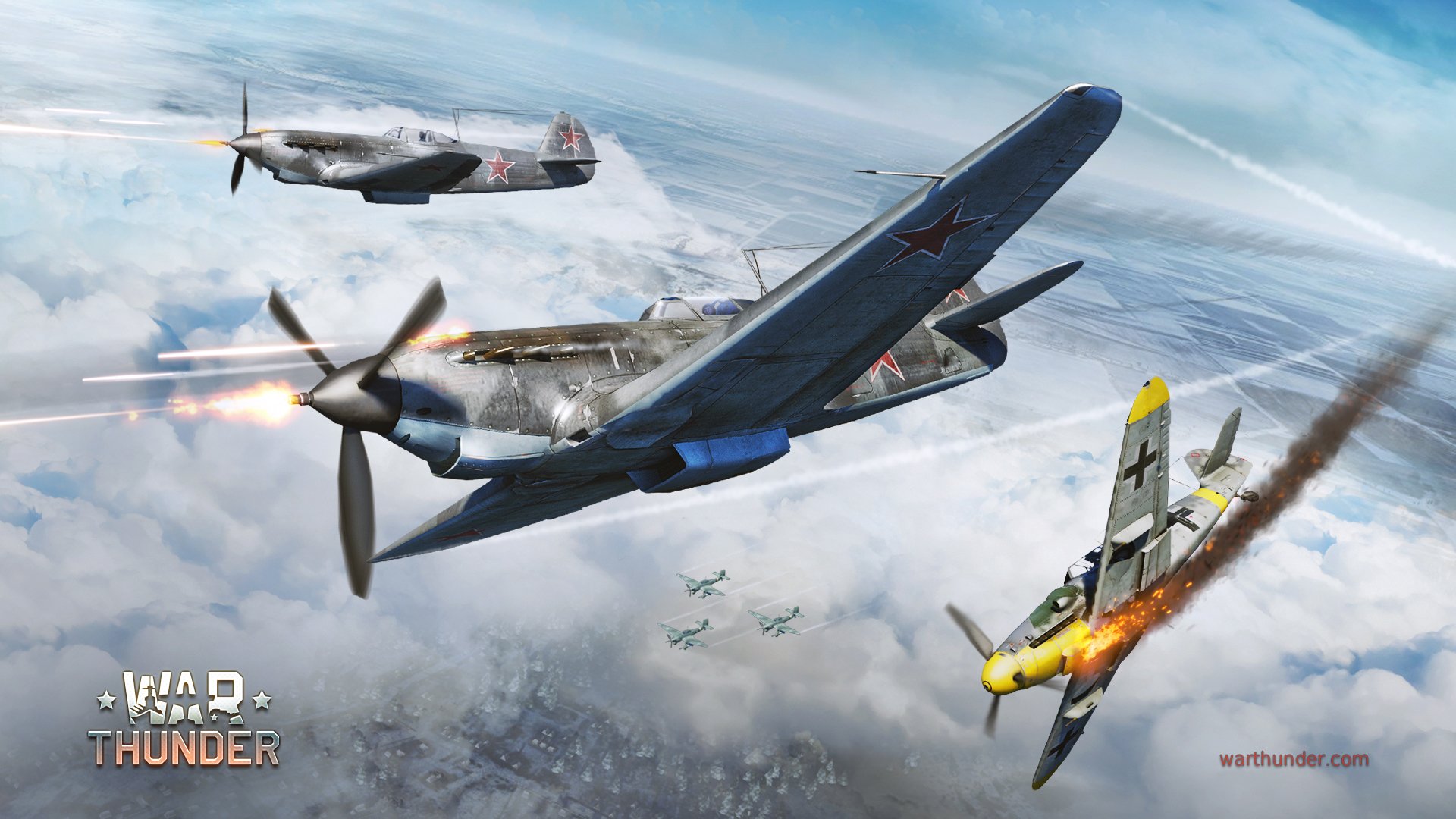 arte guerra cielo yakovlev yak-9 soviético pistón monomotor caza messerschmitt bf.109g alemán junkers ju.87 pieza laptezhnik llama tiro korsun invierno war thunder