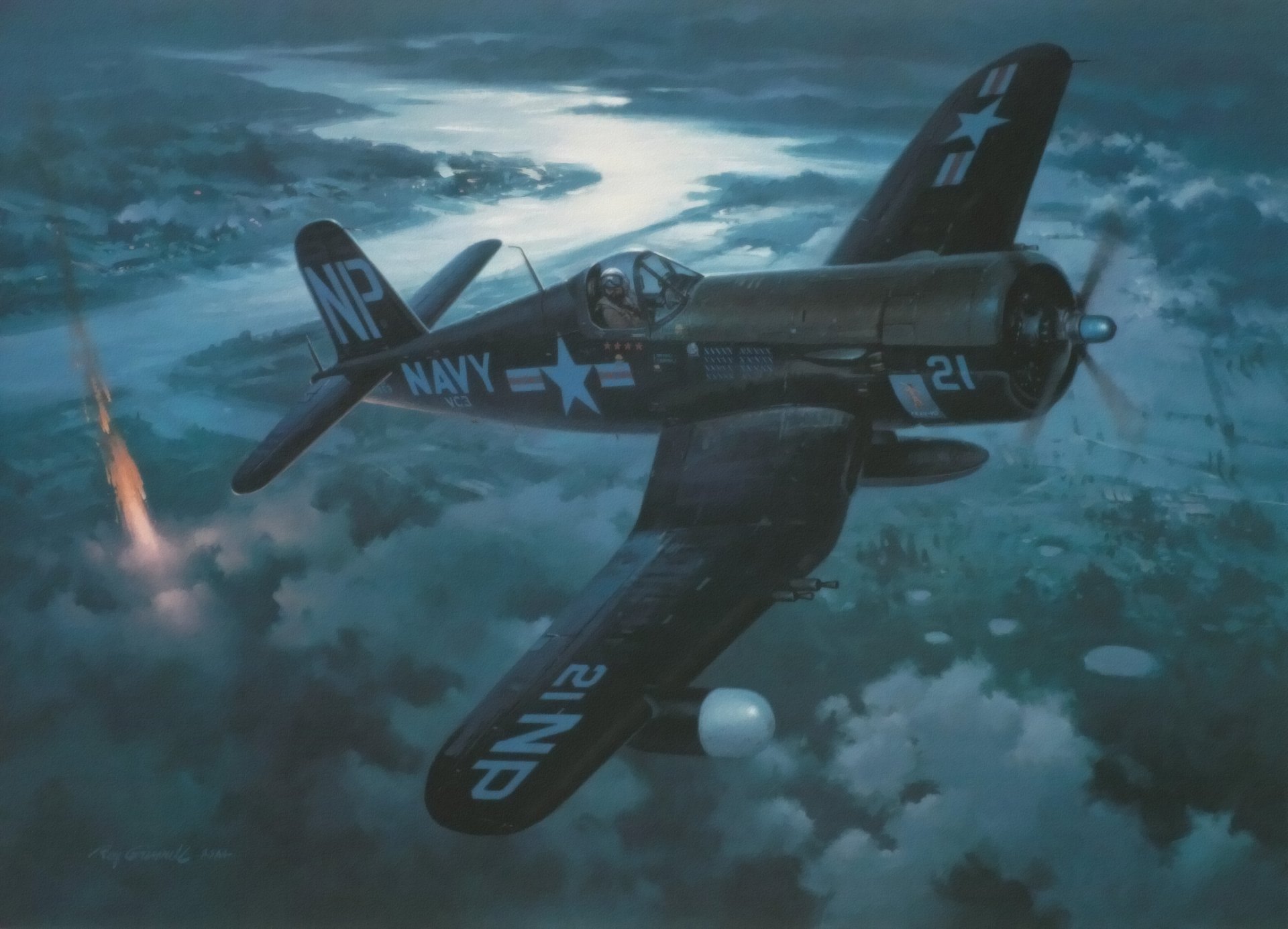 wout f4u corsair chasseur du pacifique ww2 guerre art peinture avion roy grinnel