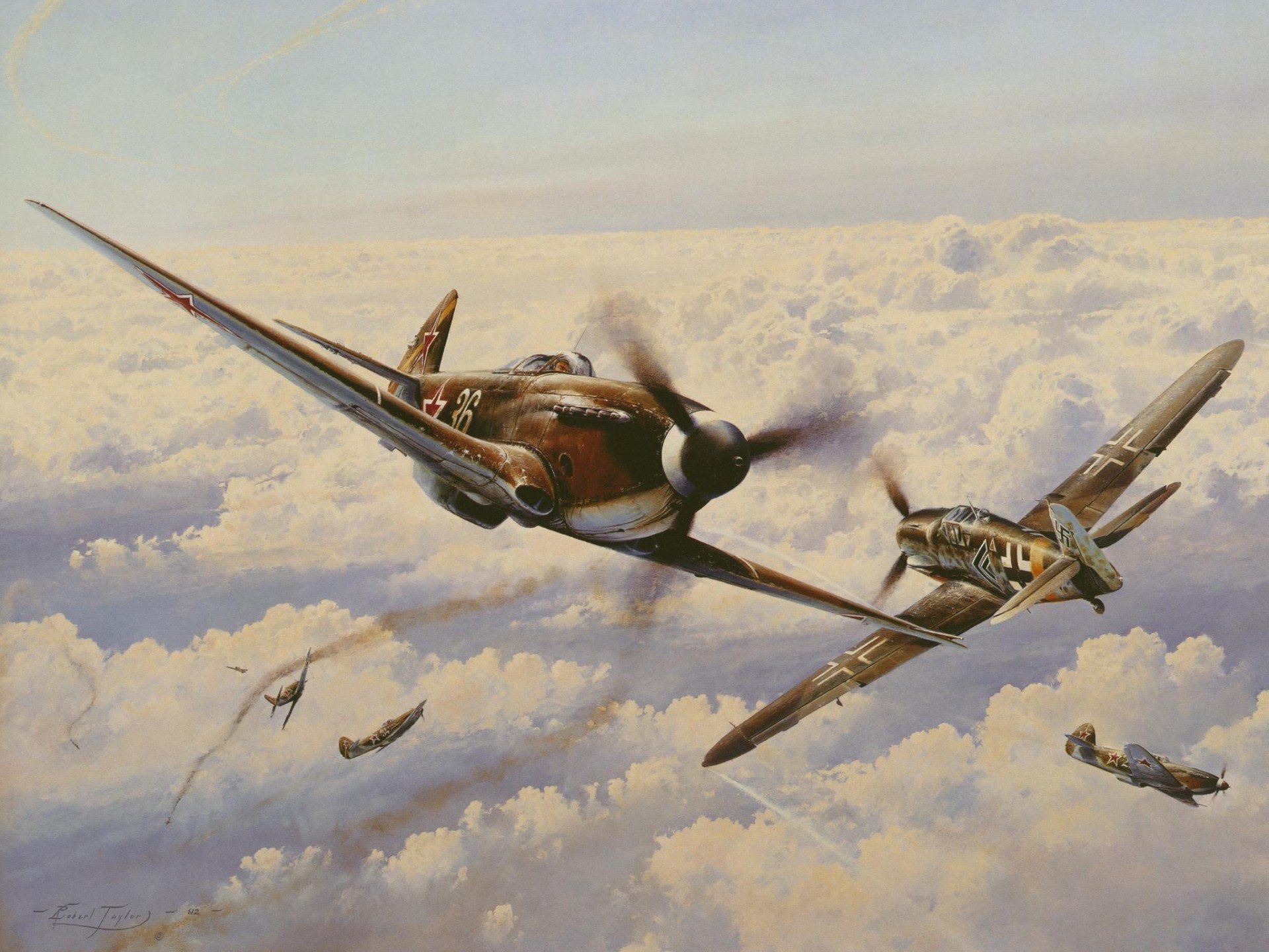 art guerre ciel yakovlev yak-3 soviétique monomoteur piston combattant messerschmitt bf.109 g-6 gustav allemand nuages combat virage