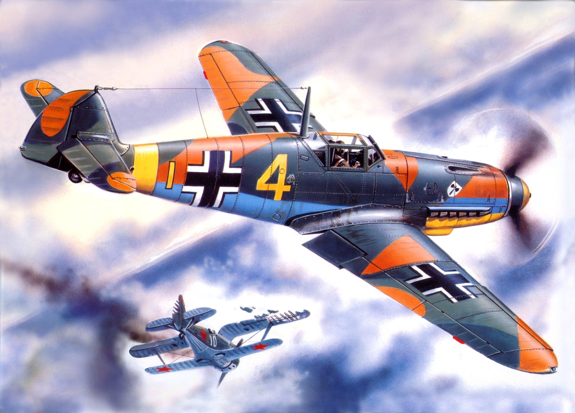 art bf-109 f4 allemand combattant abattu i-153 mouette soviétique chasseur biplan guerre ciel aérien combat figure