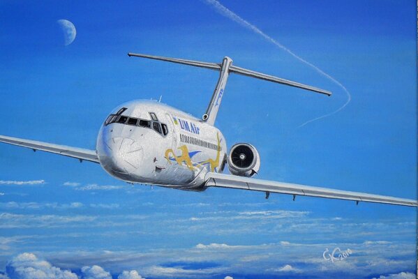 Oil painting by Sergey Konovalov airplane in the sky above the clouds