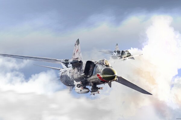 Soviet MIG-23 fighter jet high in the clouds