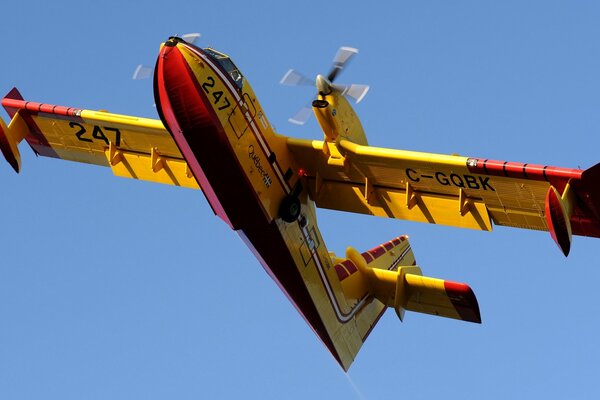 Das kanadische Mehrzweckflugzeug cl -415 fliegt in klarem Himmel